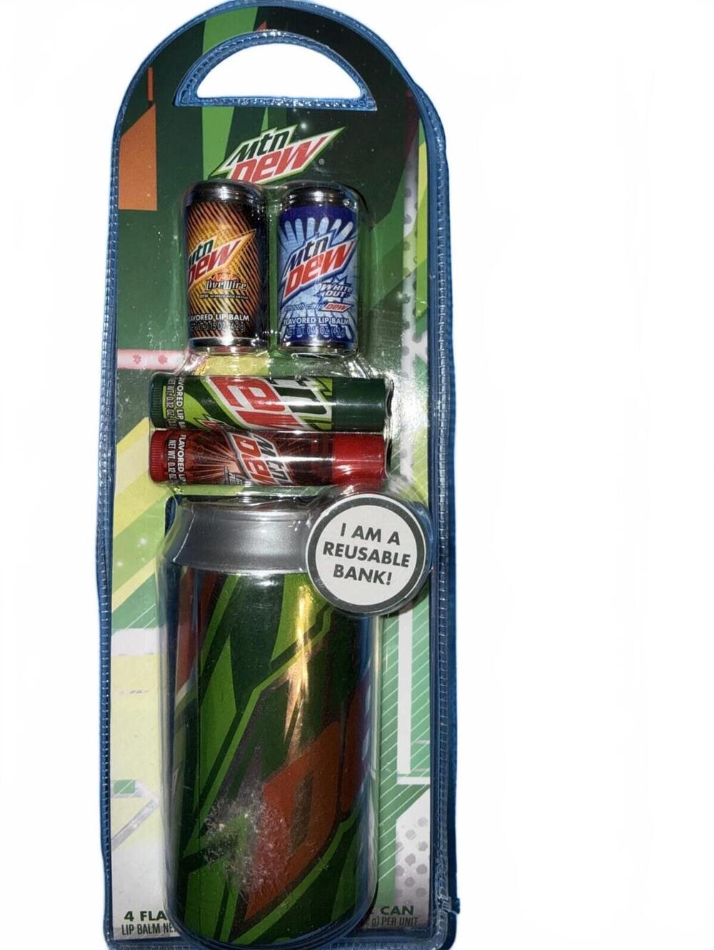 Mountain Dew Can Bank Plus 4 Lip Balms - Brand New Sealed !